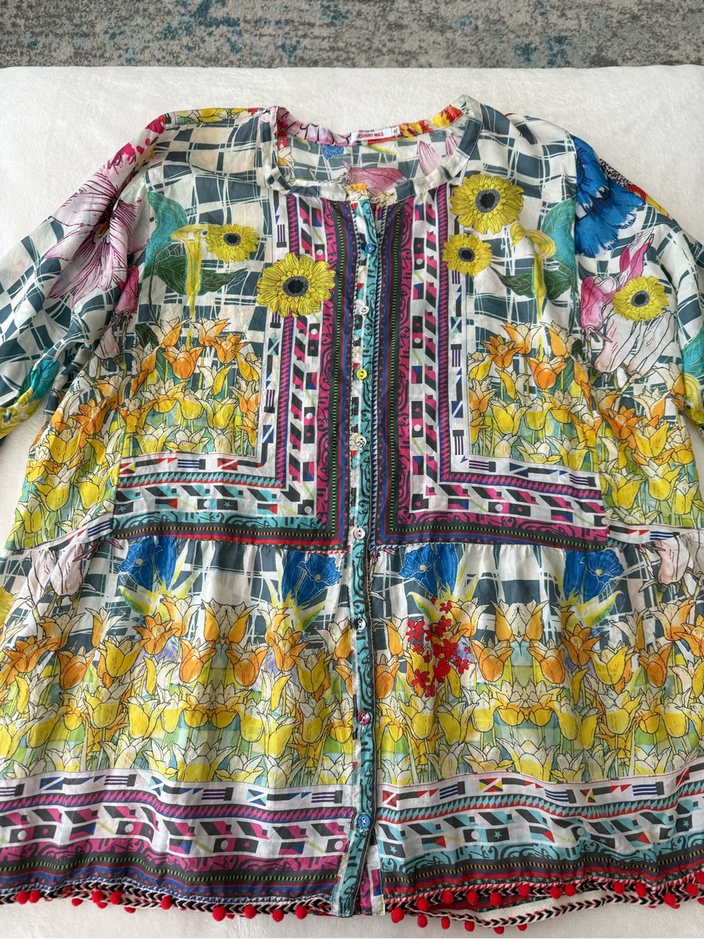 Johnny Was Theda Printed Tunic Blouse 100% silk  Size XL D87